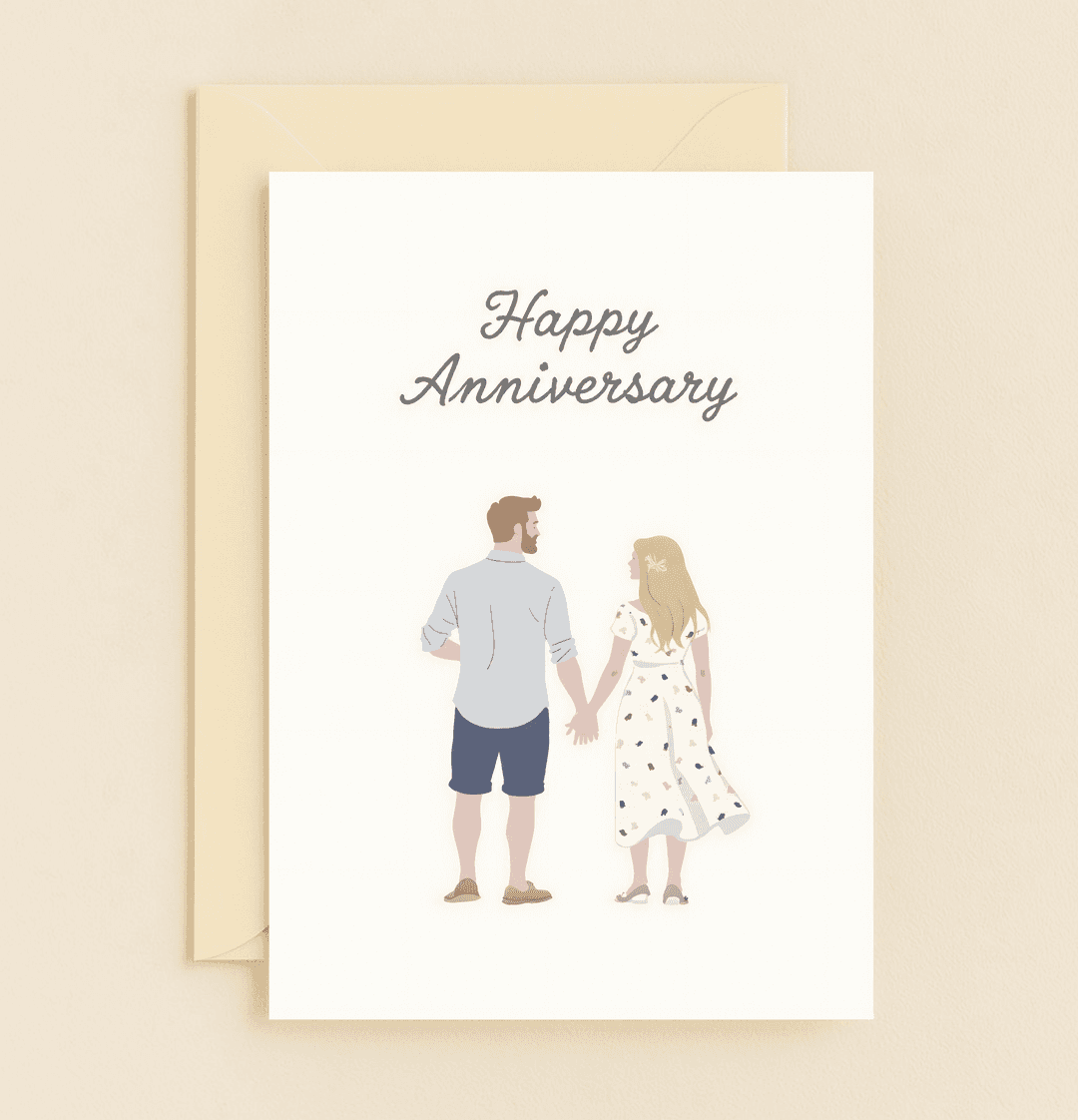 Celebrate your love story with this serene anniversary card featuring a couple walking hand-in-hand, dressed in charming outfits against a minimalist backdrop.