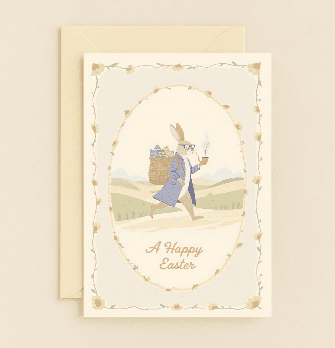 Celebrate Easter with a whimsical card featuring a stylish bunny delivering eggs with a coffee in hand, set against a serene, floral-framed landscape.