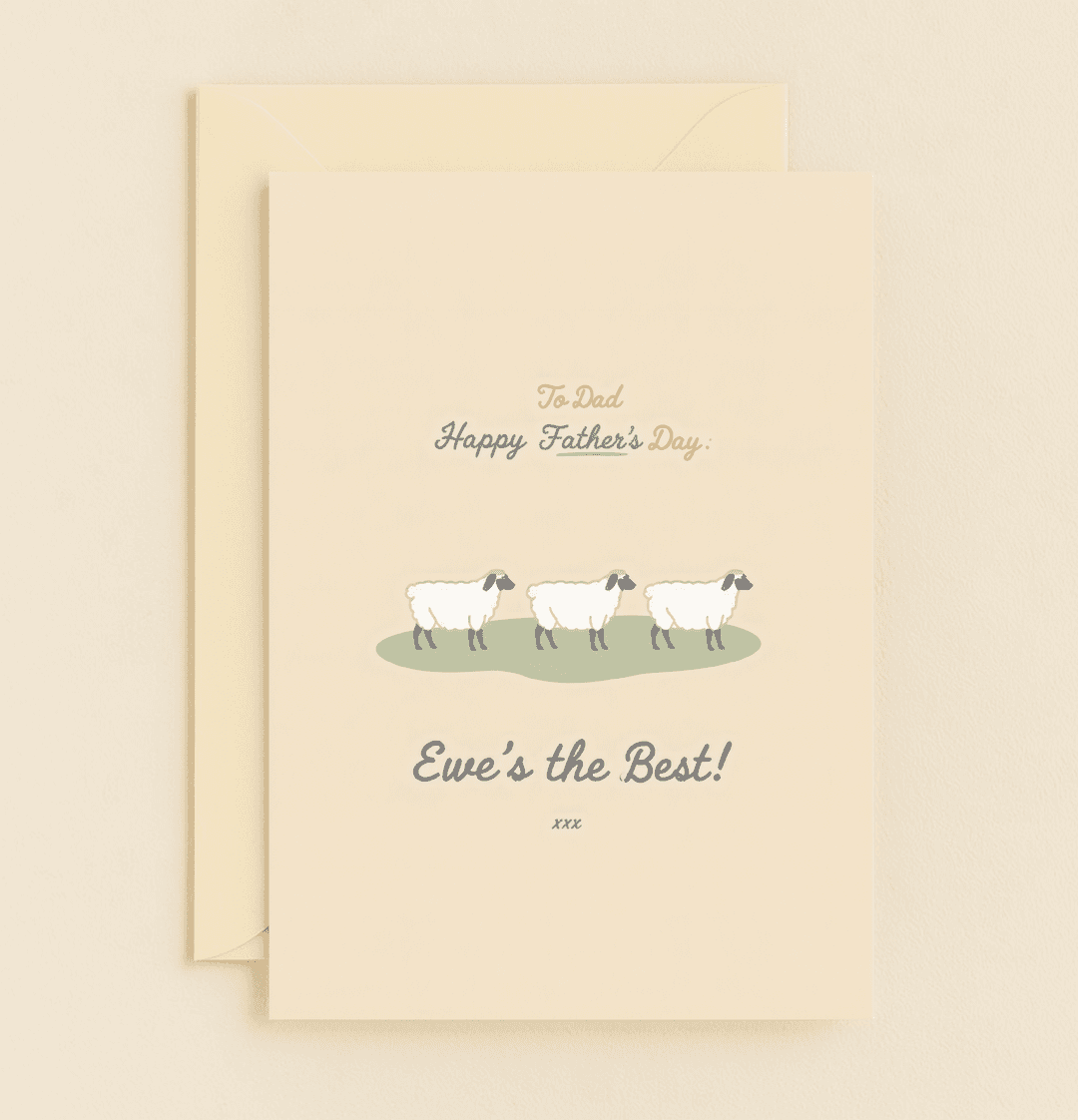 Celebrate Father's Day with "Shear Joy: Dad's Day Delight," a charming card featuring adorable sheep and a playful pun: "Ewe's the Best!.