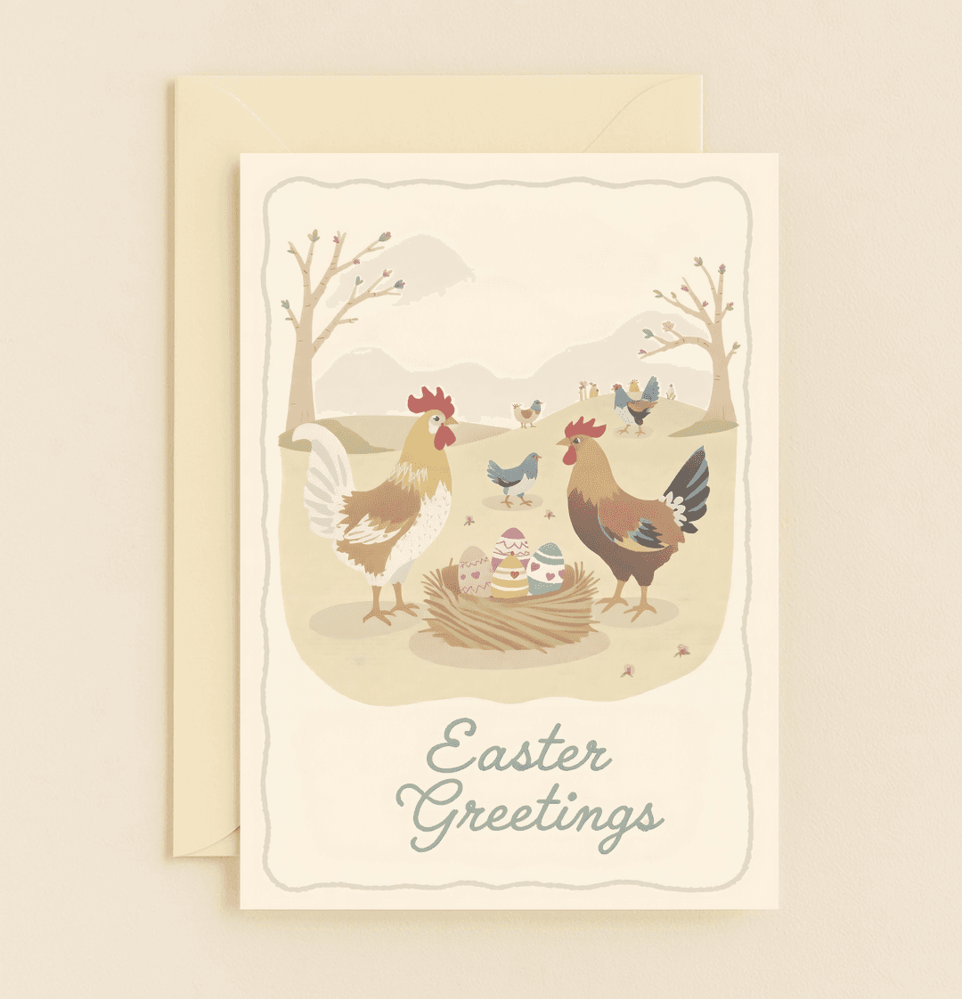 Celebrate Easter with a vintage-style card featuring roosters, a nest of decorated eggs, and a pastoral spring scene, perfect for farm animal lovers.