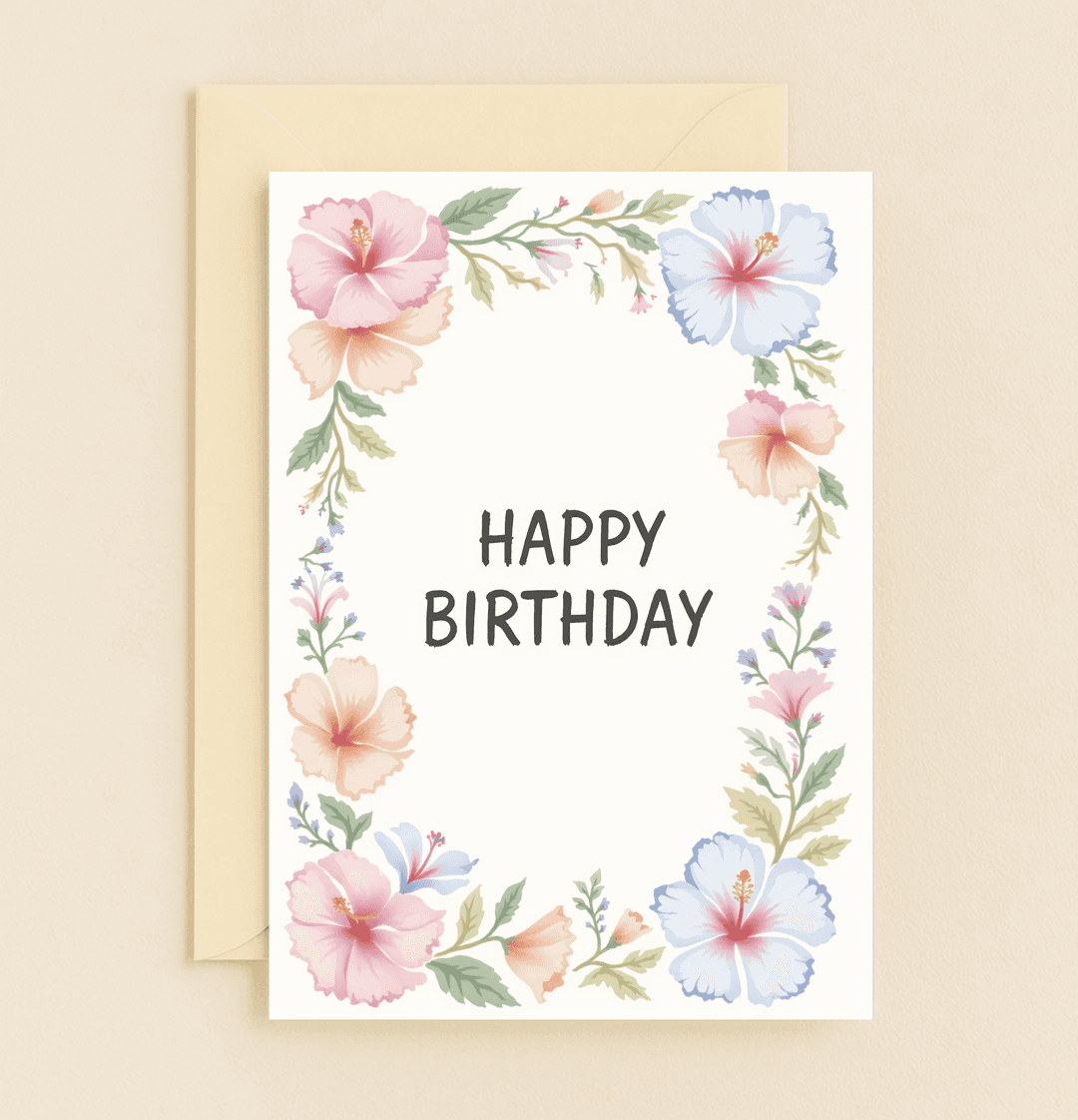 Celebrate their special day with "Blossoming Birthday Wishes," featuring a vibrant hibiscus floral border that radiates warmth and joy.