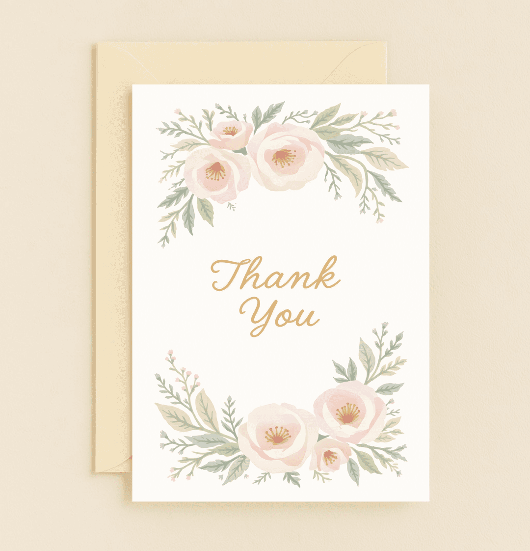 Express your gratitude with a card featuring elegant golden script and delicate watercolor flowers in soft pink and peach tones.