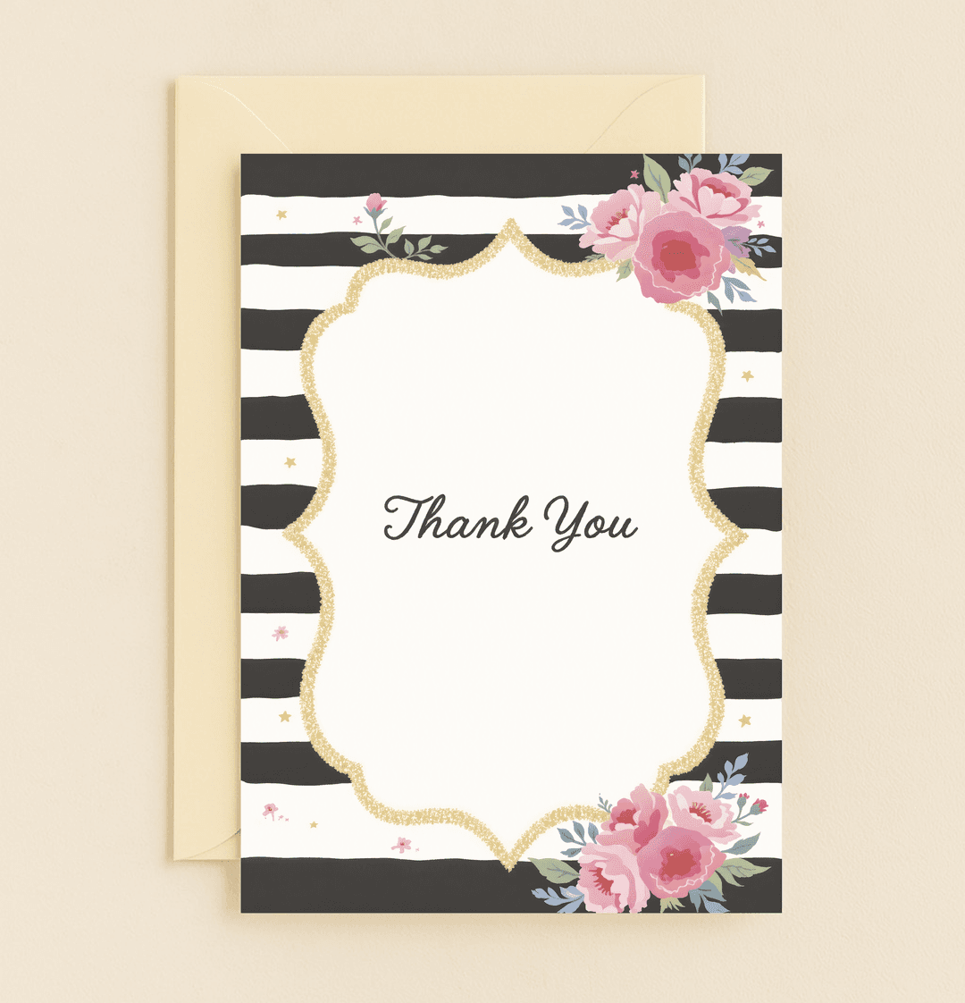 Express your gratitude with the "Elegant Gratitude Blossoms" card, featuring chic stripes, gold glitter, and vibrant floral accents for a touch of sophistication.