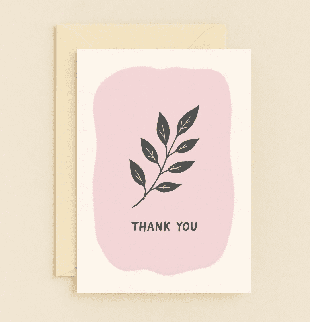 Express heartfelt thanks with "Leafy Gratitude Expressions," a minimalistic card showcasing an elegant branch silhouette on a pastel pink backdrop.
