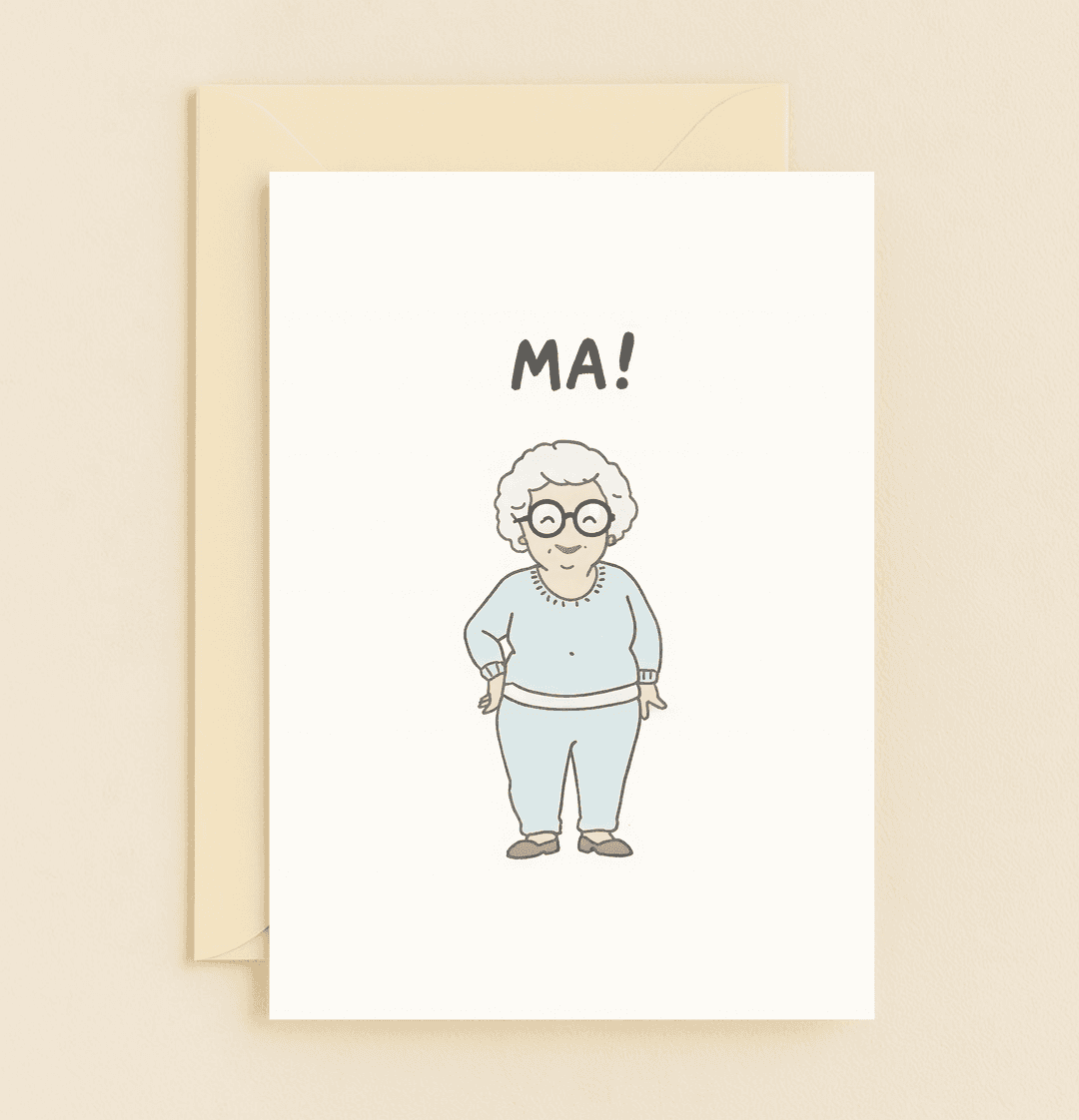 Celebrate Mother's Day with a lighthearted card featuring a charming illustration of a smiling elderly woman in a blue sweater, perfect for honoring cherished family moments.
