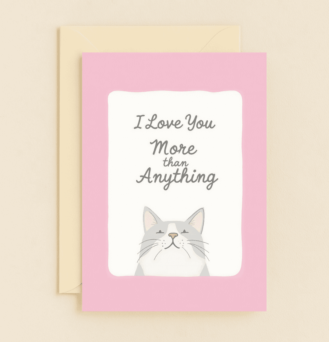 Celebrate your love with playful charm using our "Feline Good About Us!" anniversary card, featuring a sweet cat illustration and heartfelt affection.