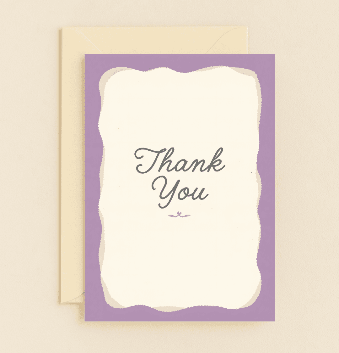Express your appreciation with the "Elegant Gratitude in Purple Hues" card, featuring a stylish cursive "Thank You" and a minimal purple flourish on a cream backdrop.
