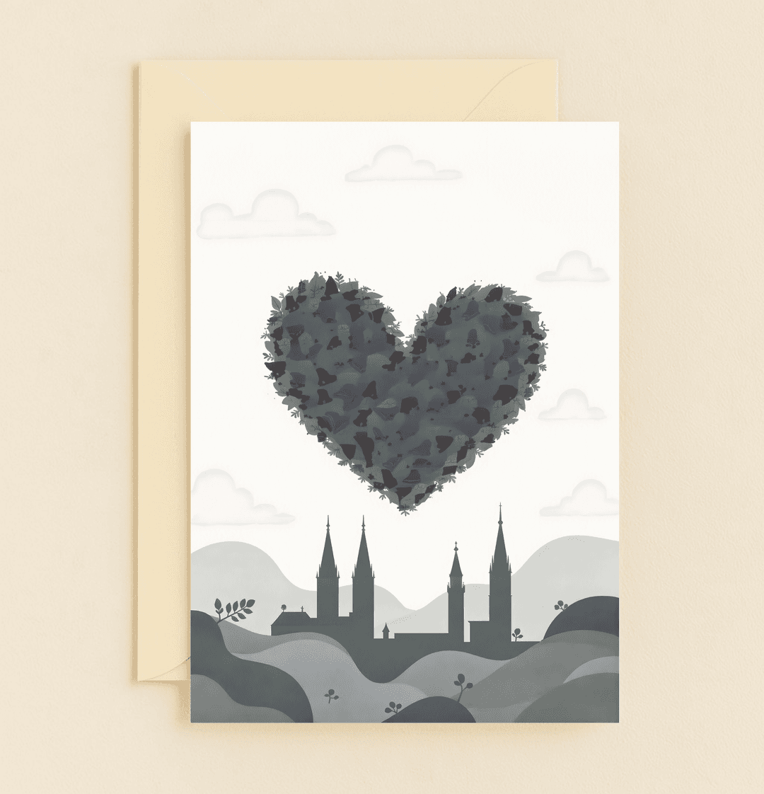 Celebrate your love's journey with this whimsical anniversary card, featuring a heart of foliage floating above a charming cityscape and rolling hills.