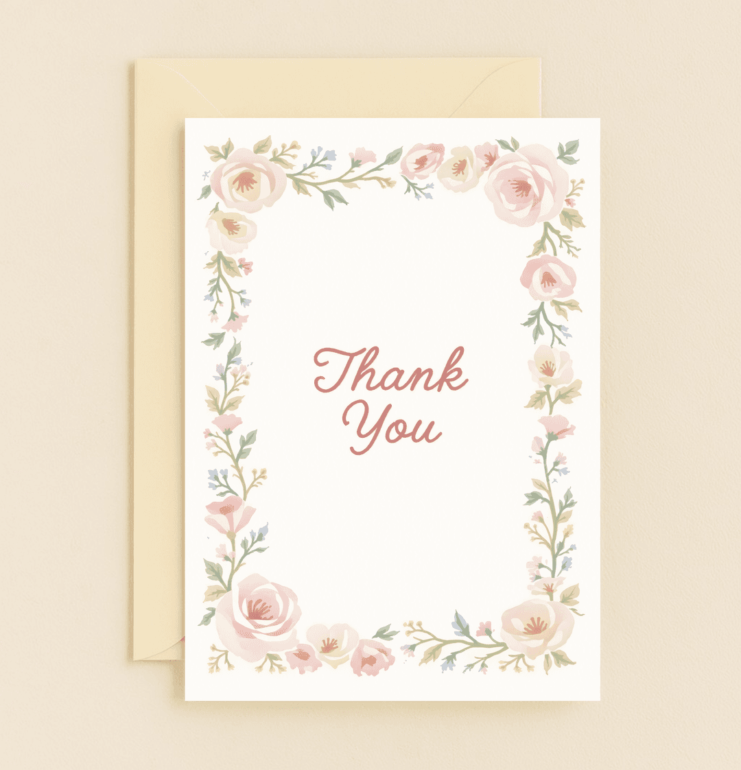 Express your appreciation with this elegant "Florals of Gratitude and Grace" card, featuring a pastel floral border and a graceful script "Thank You.