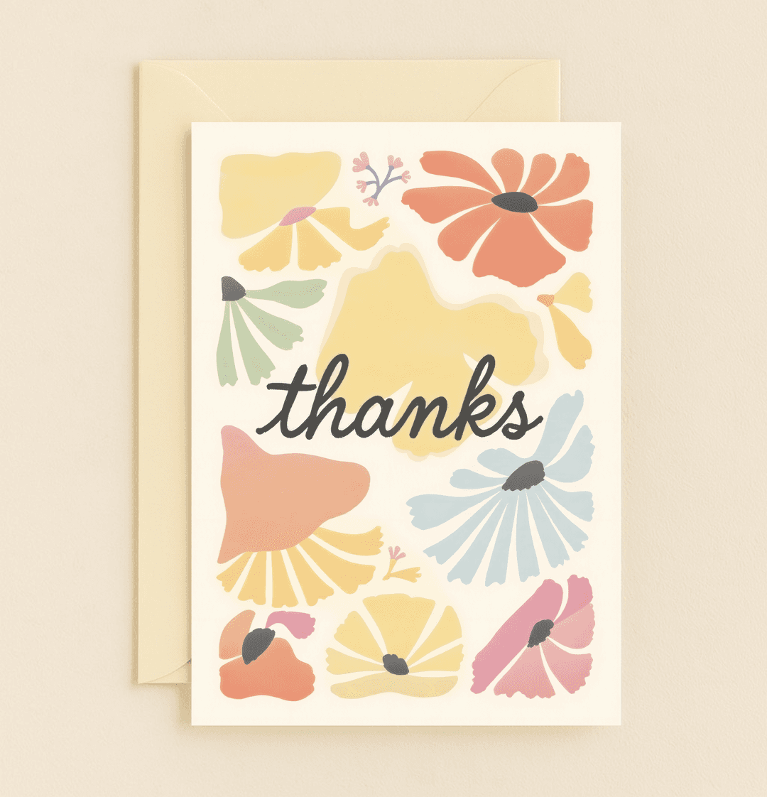 Express heartfelt gratitude with "Blossoms of Gratitude," a vibrant, abstract floral card featuring colorful blooms and a handwritten "thanks" on a cream background.