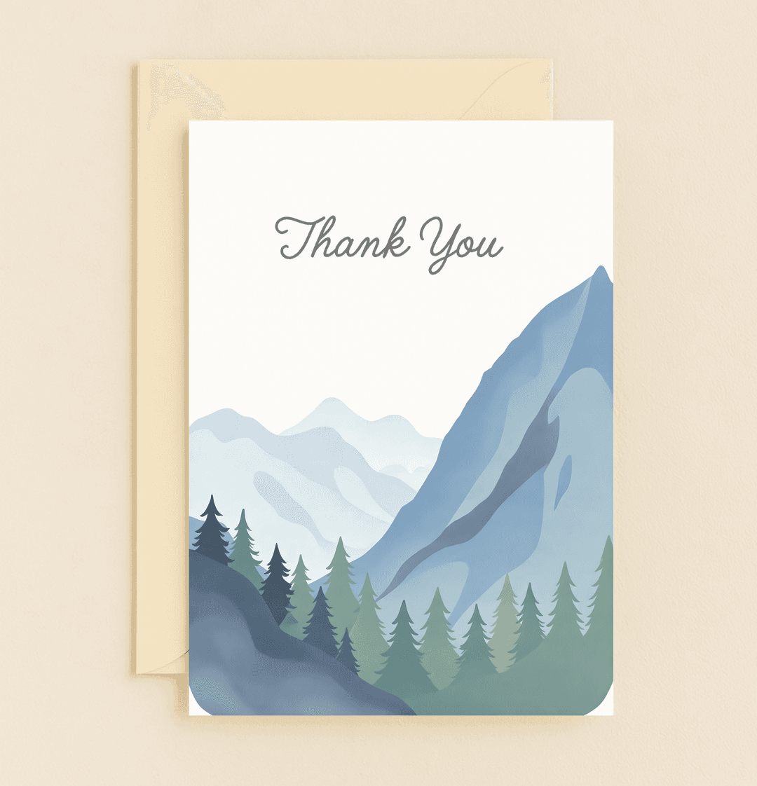 Express heartfelt gratitude with this serene greeting card, featuring majestic mountains and lush evergreens, perfect for nature lovers.