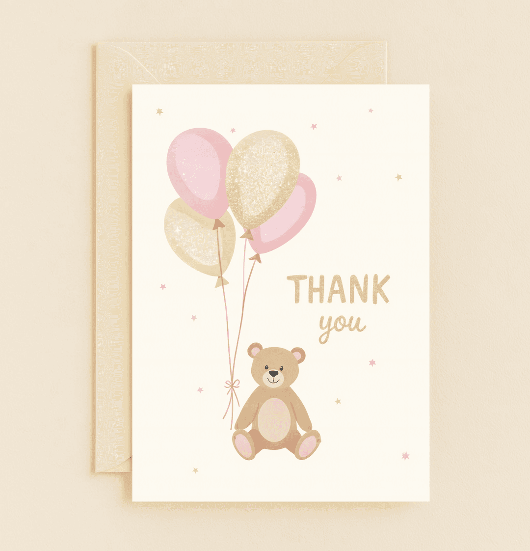 Express your gratitude with this sweet and playful card featuring a teddy bear, pastel balloons, and sparkling stars on a soft cream background.