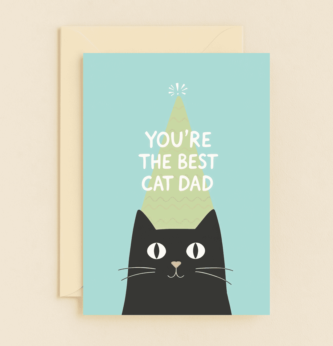 Celebrate Father's Day with a "Purr-fectly Pawsome" card featuring a playful cat in a party hat, perfect for the pun-loving cat dad in your life!.