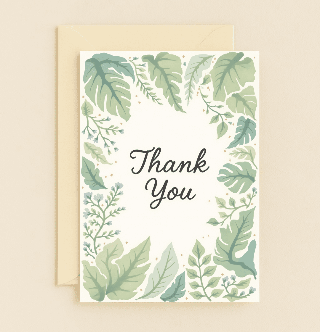 Express gratitude elegantly with a watercolor-style card featuring lush green foliage and whimsical golden stars on a creamy backdrop.