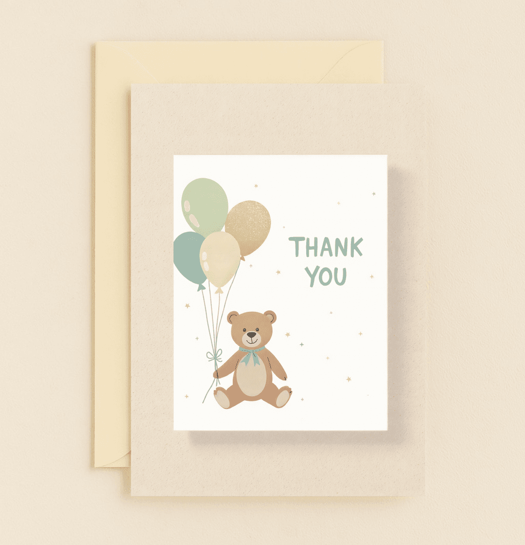 Express heartfelt thanks with a charming card featuring a teddy bear, colorful balloons, and a sprinkle of stars.