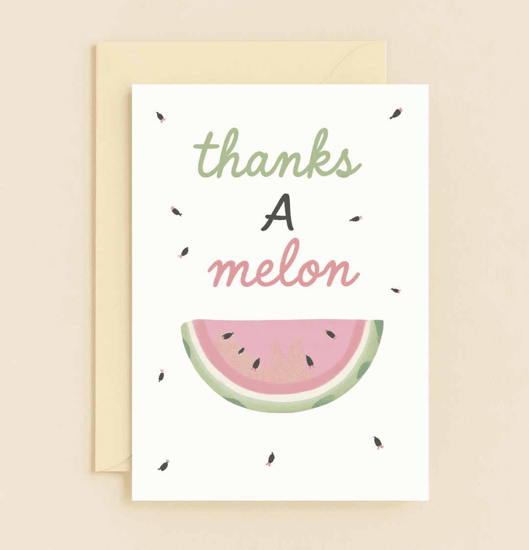 Say "thanks A melon" with this playful, pun-filled card featuring a colorful watermelon slice and whimsical ants that add a sweet touch of gratitude.