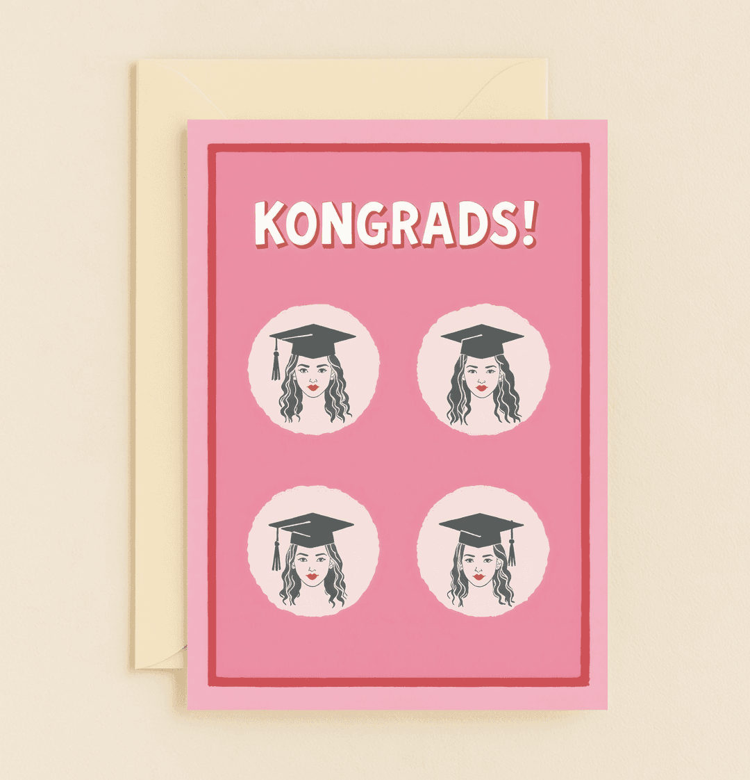 Celebrate graduation with a vibrant pink card featuring playful "KONGRADS!" wordplay and stylish grad illustrations, perfect for cheering on their achievement!.