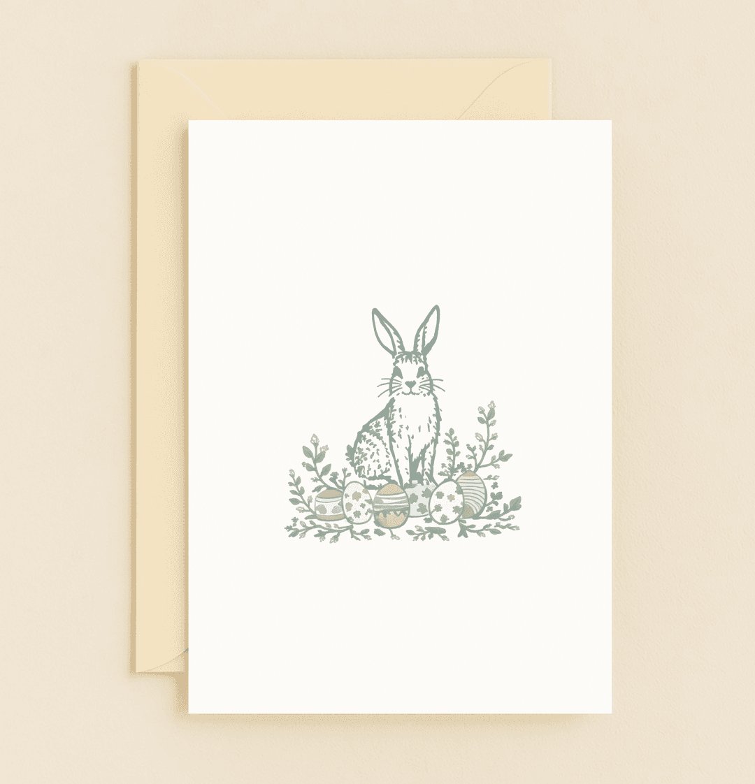 Celebrate Easter with the "Hoppy Easter Elegance" card, featuring a serene rabbit among pastel eggs, spring flowers, and lush greenery.