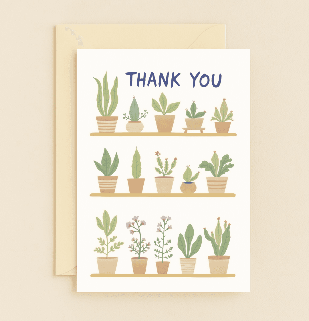 Express your appreciation with this minimalist card featuring lush potted plants on shelves, perfect for plant lovers and gardening enthusiasts.