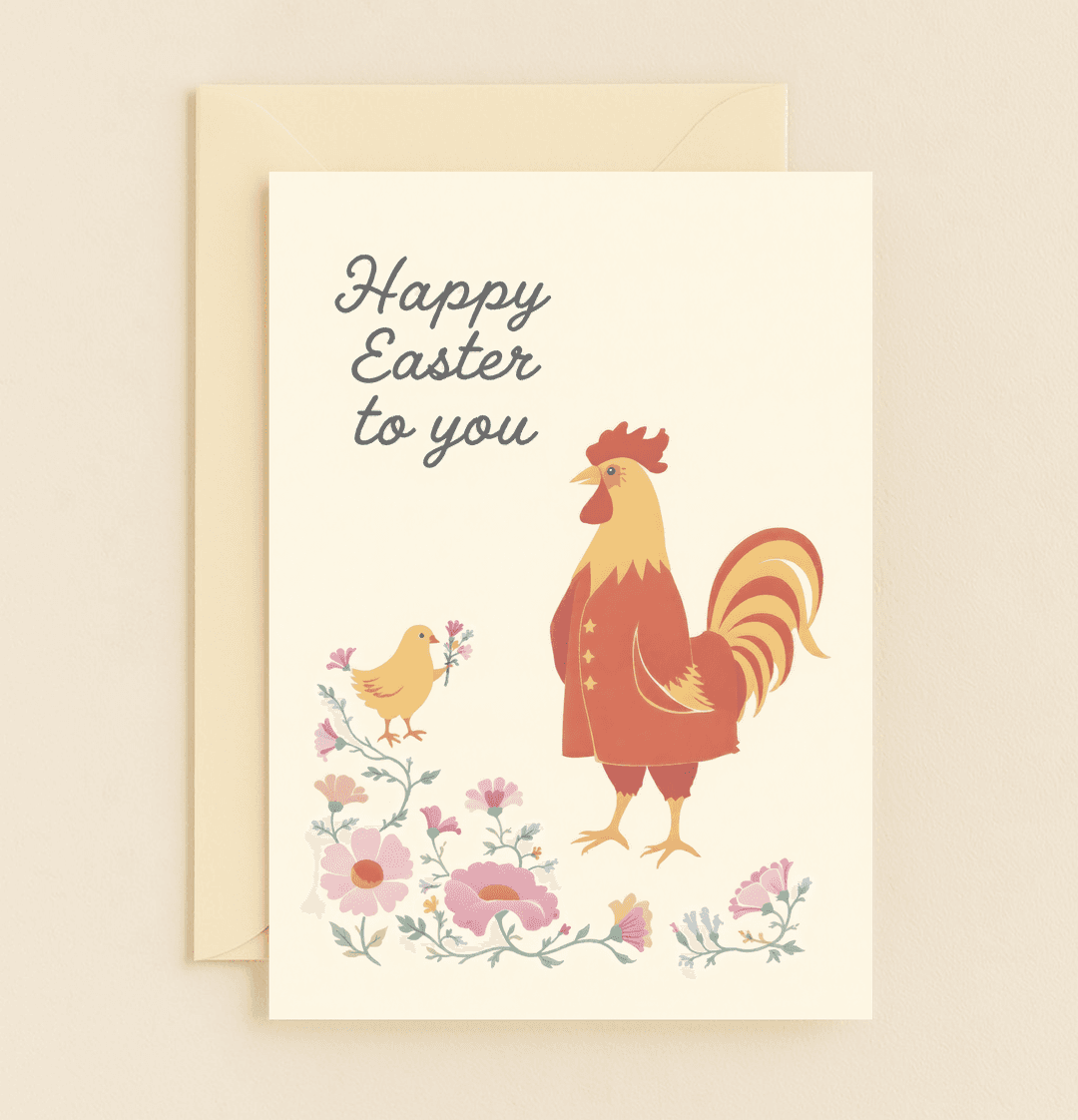 Celebrate Easter with a whimsical card featuring a proud rooster, a cute chick with a flower, and pastel blooms, spreading springtime cheer.
