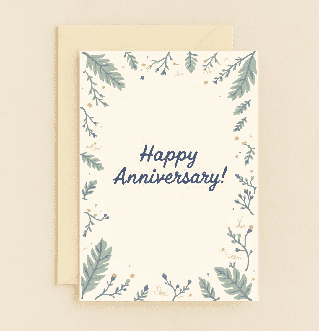 Celebrate your love with this elegant anniversary card, featuring hand-drawn botanical illustrations and a heartfelt "Happy Anniversary!" message.