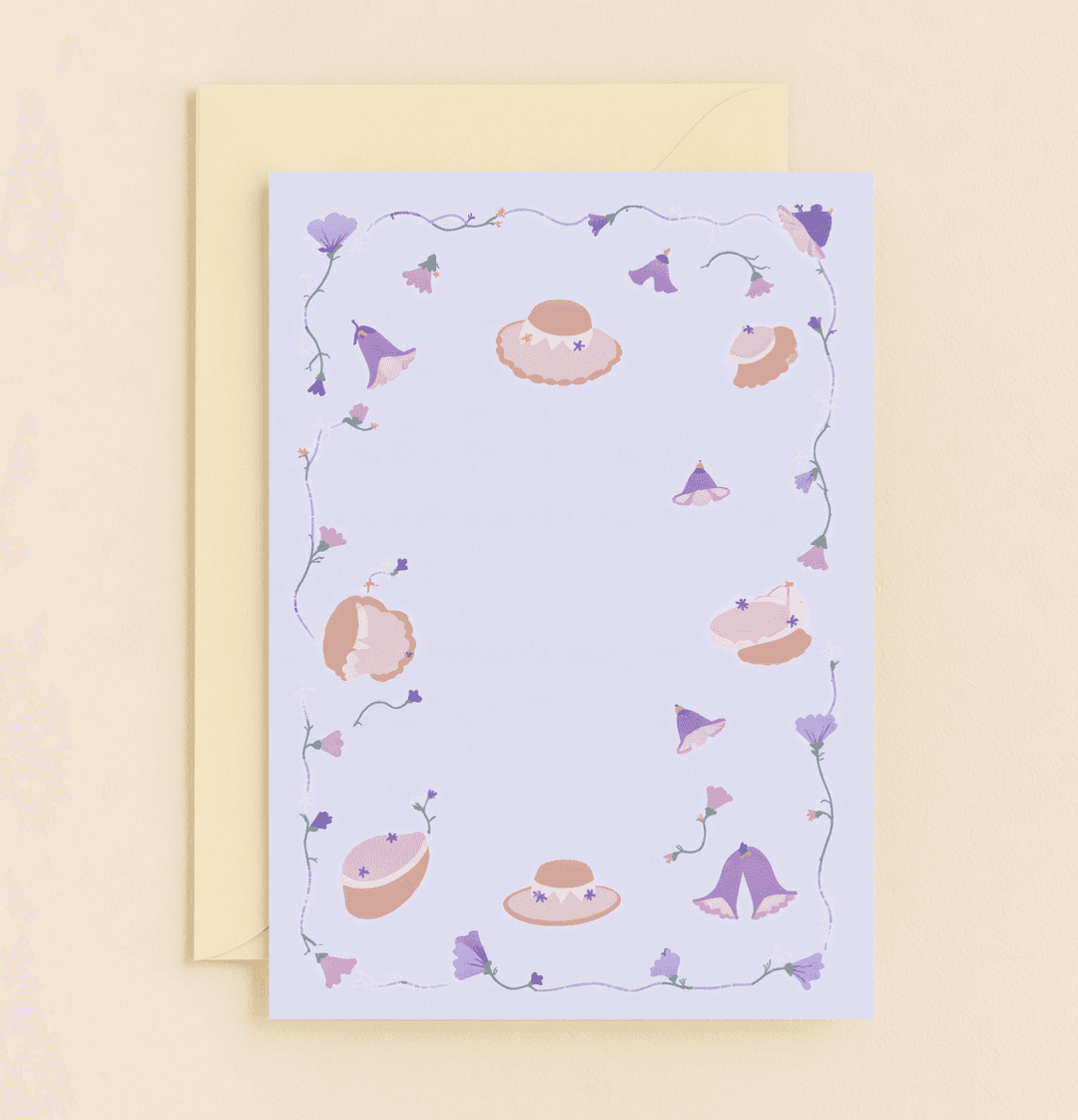 Celebrate Mother's Day with a whimsical card featuring pastel floral patterns and charming hats, perfect for moms who love gardening and a touch of elegance.