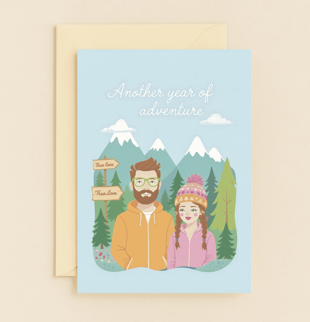 Celebrate your anniversary with this charming card featuring a couple hiking amidst snow-capped mountains, symbolizing love's adventurous journey.