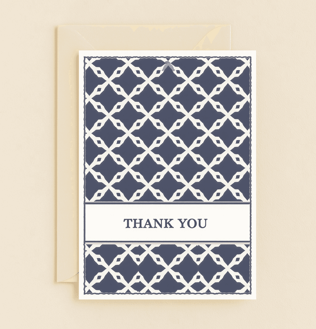 Express your appreciation with "Elegant Gratitude: Lattice Love," featuring a striking navy and white lattice design and bold "THANK YOU" message.