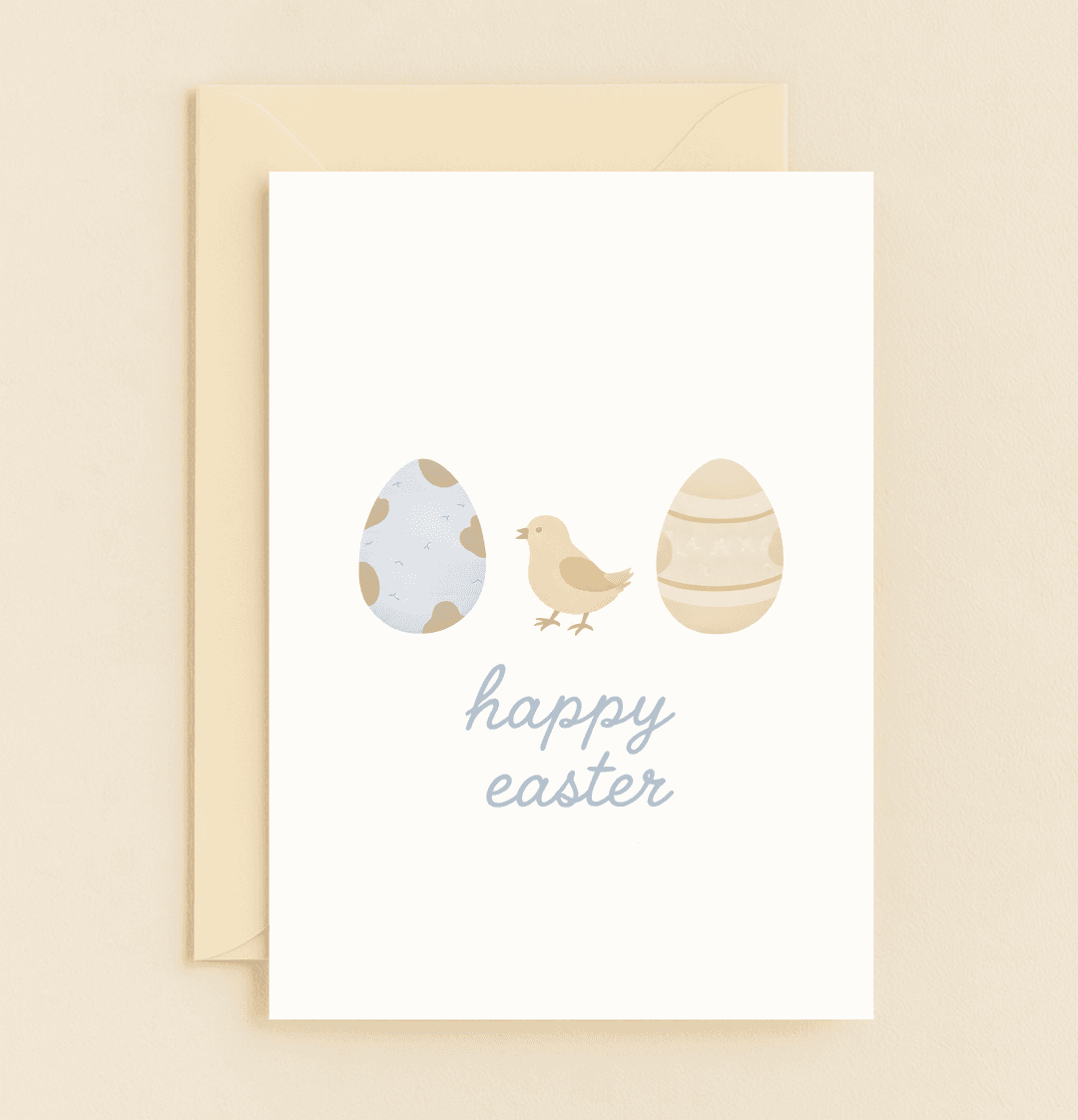 Celebrate Easter with a whimsical card featuring a cheerful chick and colorful Easter eggs, perfect for spreading joy and festive cheer.