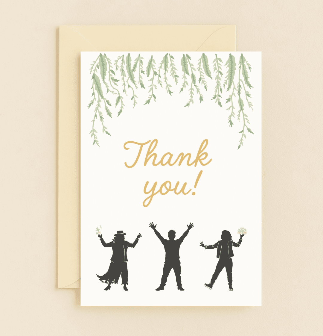 Express your gratitude with a touch of magic and inspiration in this enchanting thank-you card featuring whimsical silhouettes and elegant natural elements.