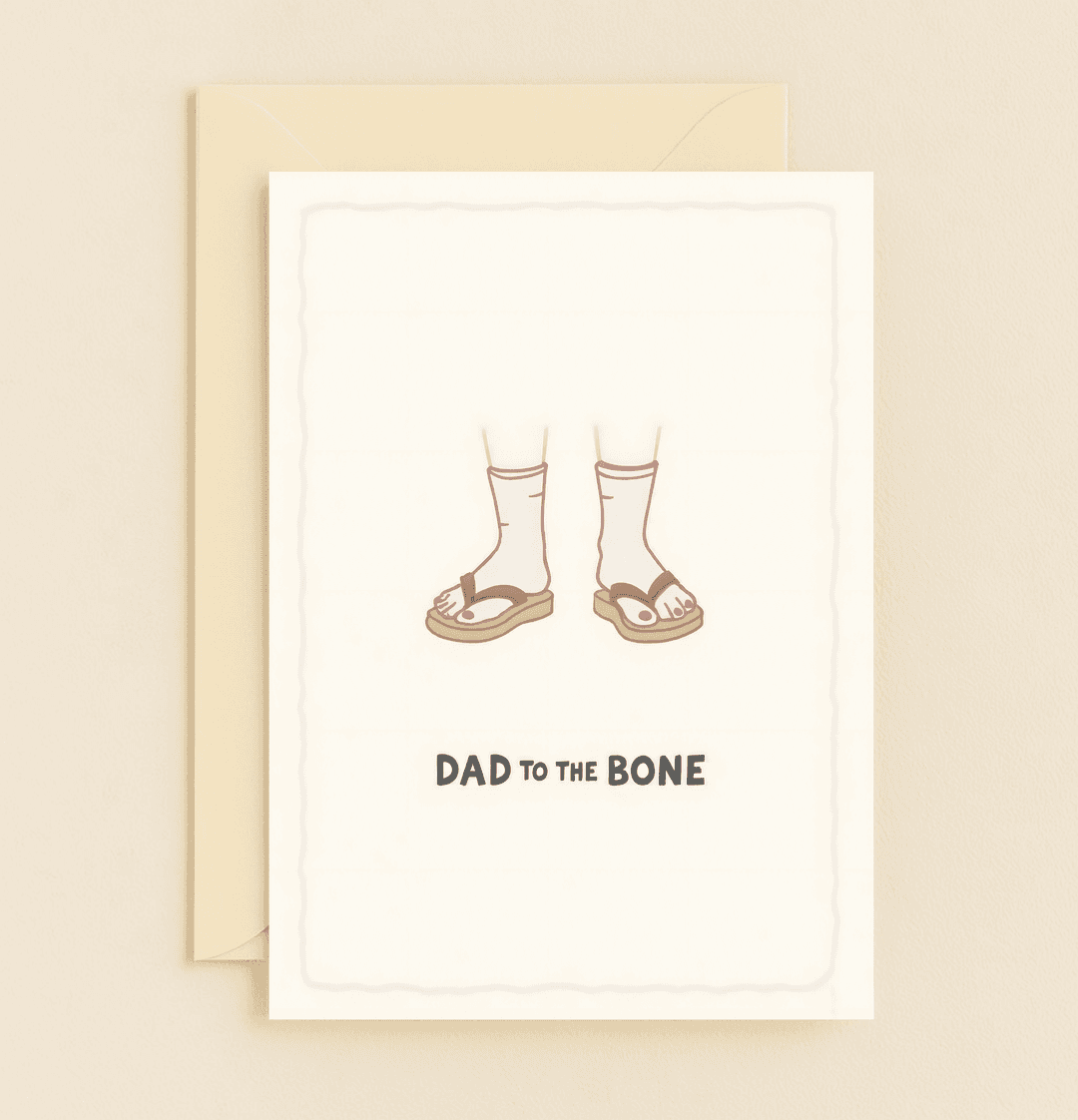 Celebrate Father's Day with humor and style using this playful card featuring a dad fashion statement of socks and sandals and a witty "DAD TO THE BONE" pun.