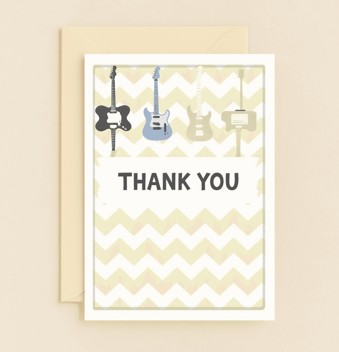 Express your gratitude with a musical twist through this vibrant card featuring playful electric guitars and a bold "THANK YOU" message.