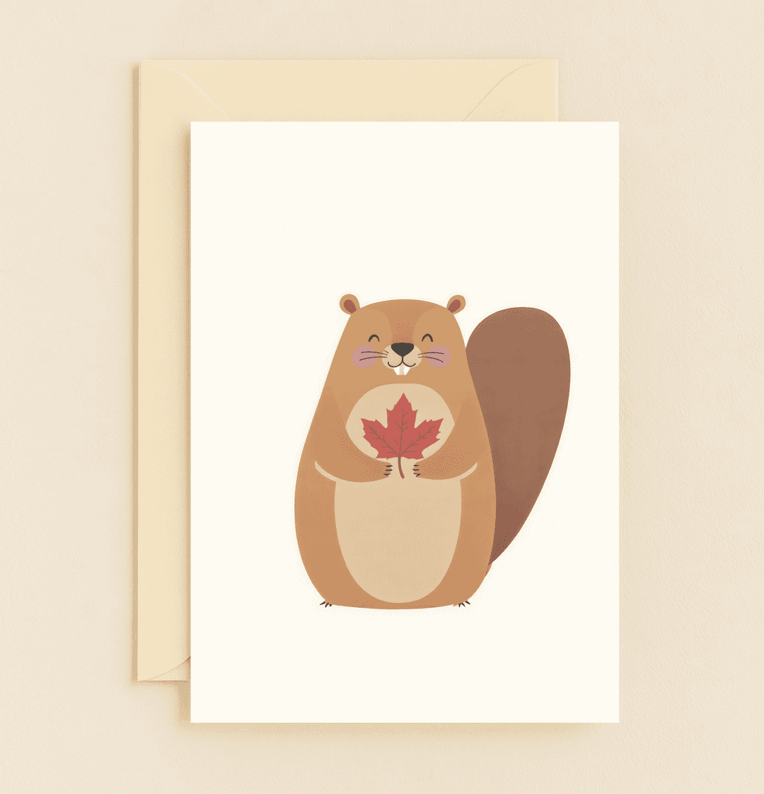 Express heartfelt thanks with a cute beaver hugging a maple leaf, embodying Canadian charm and warmth on this delightful greeting card.