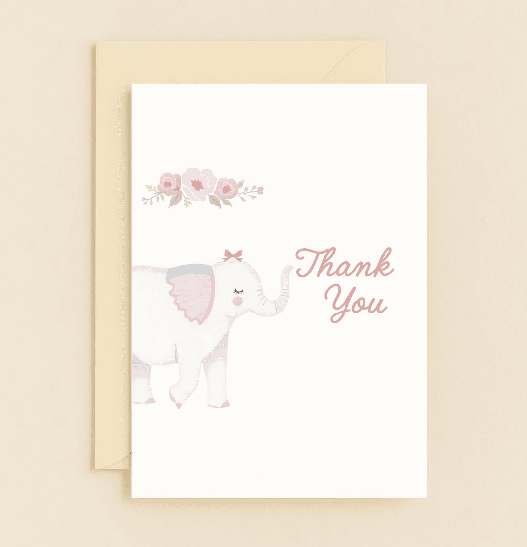 Express heartfelt gratitude with our "Elephantastic Appreciation in Bloom" card, featuring a charming elephant, pink florals, and a sweet cursive "Thank You.