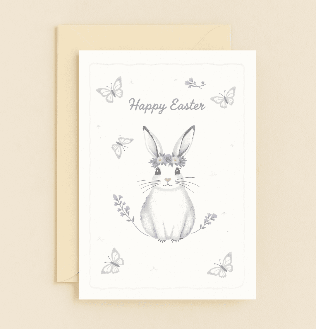 Celebrate Easter with this charming card featuring a whimsical rabbit adorned with a flower crown and butterflies, perfect for spreading joy and cheer.