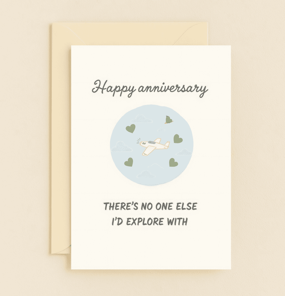 Celebrate your anniversary with a whimsical card featuring a romantic airplane adventure through cloud-filled skies and heart-shaped elements.
