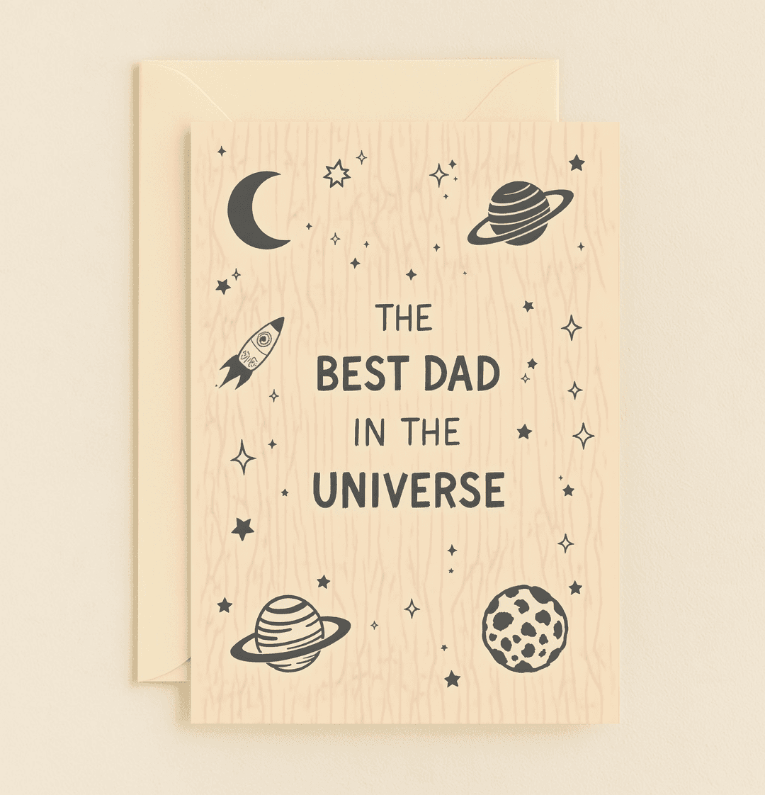 Celebrate Father's Day with a space-themed card featuring playful celestial illustrations and pun-filled wordplay that declares him "The Best Dad in the Universe.