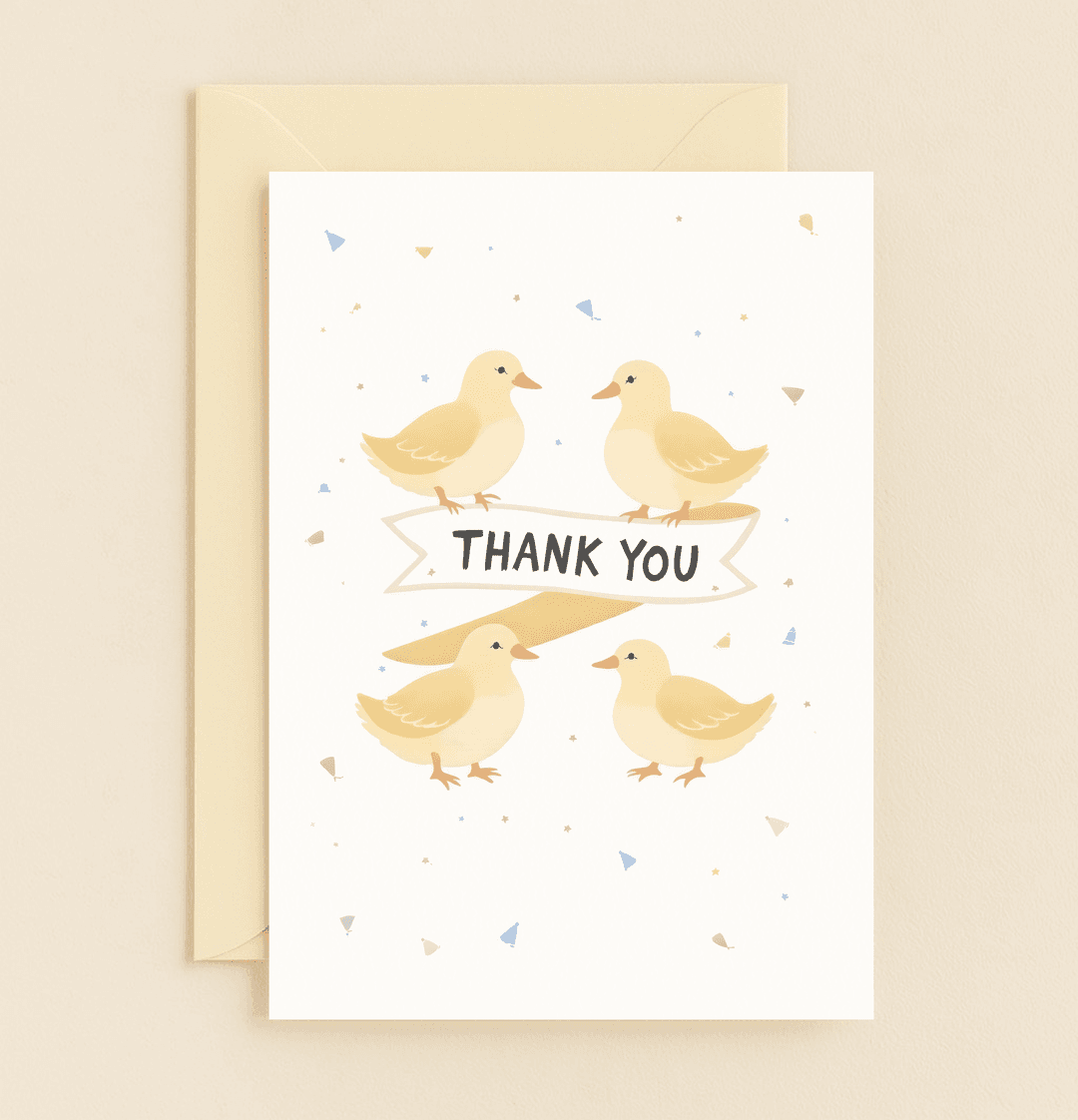 Express heartfelt thanks with adorable ducklings and a charming banner, set against a whimsical pastel confetti backdrop for a touch of festive cheer.