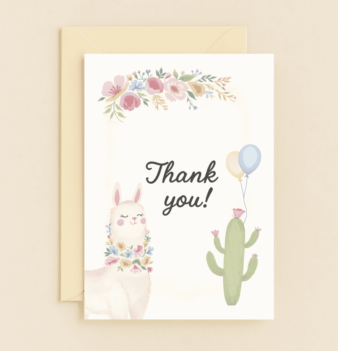Express heartfelt gratitude with this whimsical card featuring a floral-adorned llama, colorful balloons, and a charming cactus in a soft pastel palette.