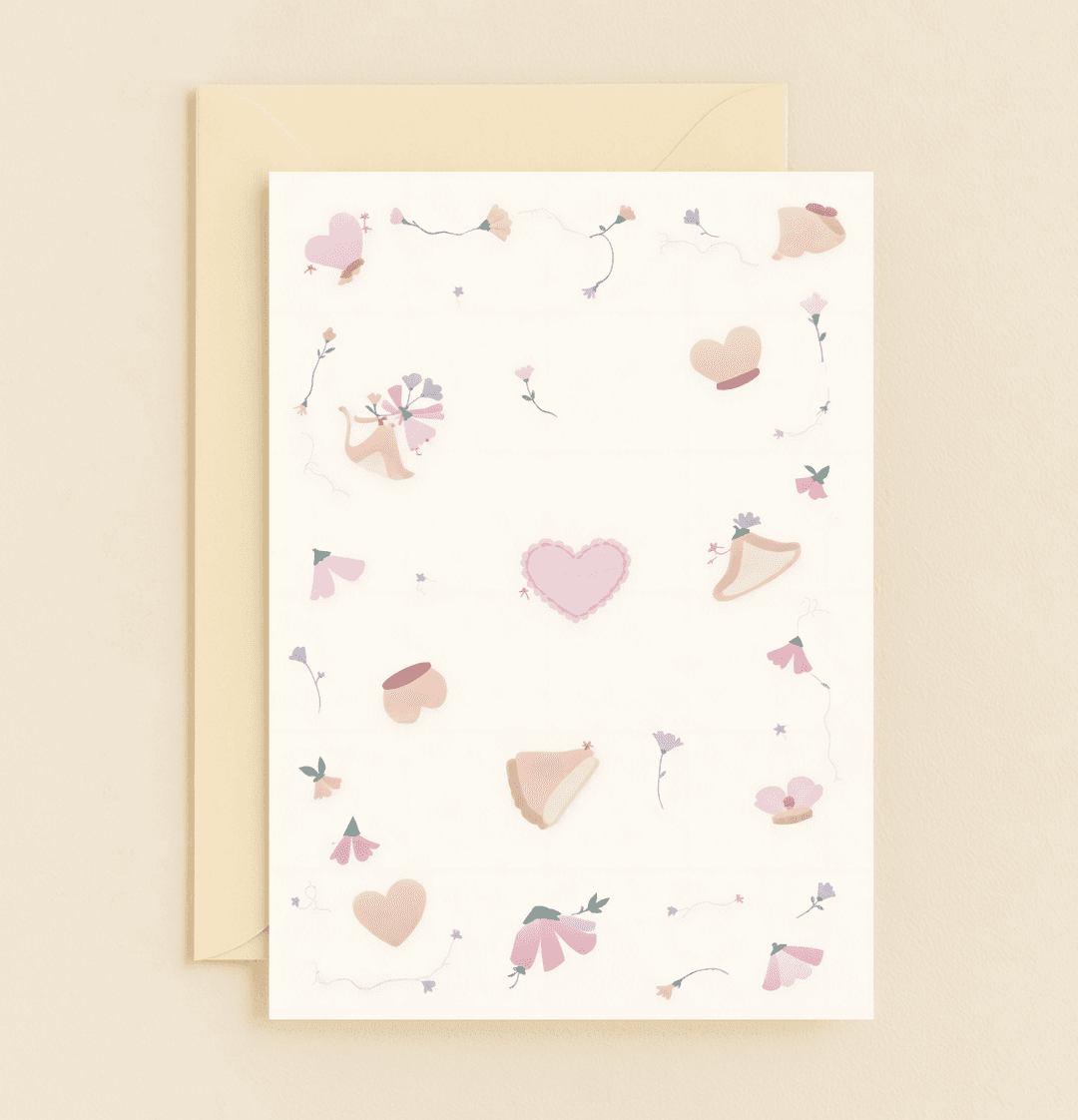 Celebrate Mother's Day with a whimsical card featuring pastel blooms, heart shapes, and a charming cat, perfect for expressing love with a soft aesthetic.