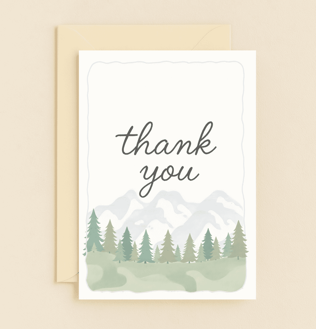 Express heartfelt thanks with this serene watercolor card, featuring elegant evergreens and mountains in soothing greens and blues.