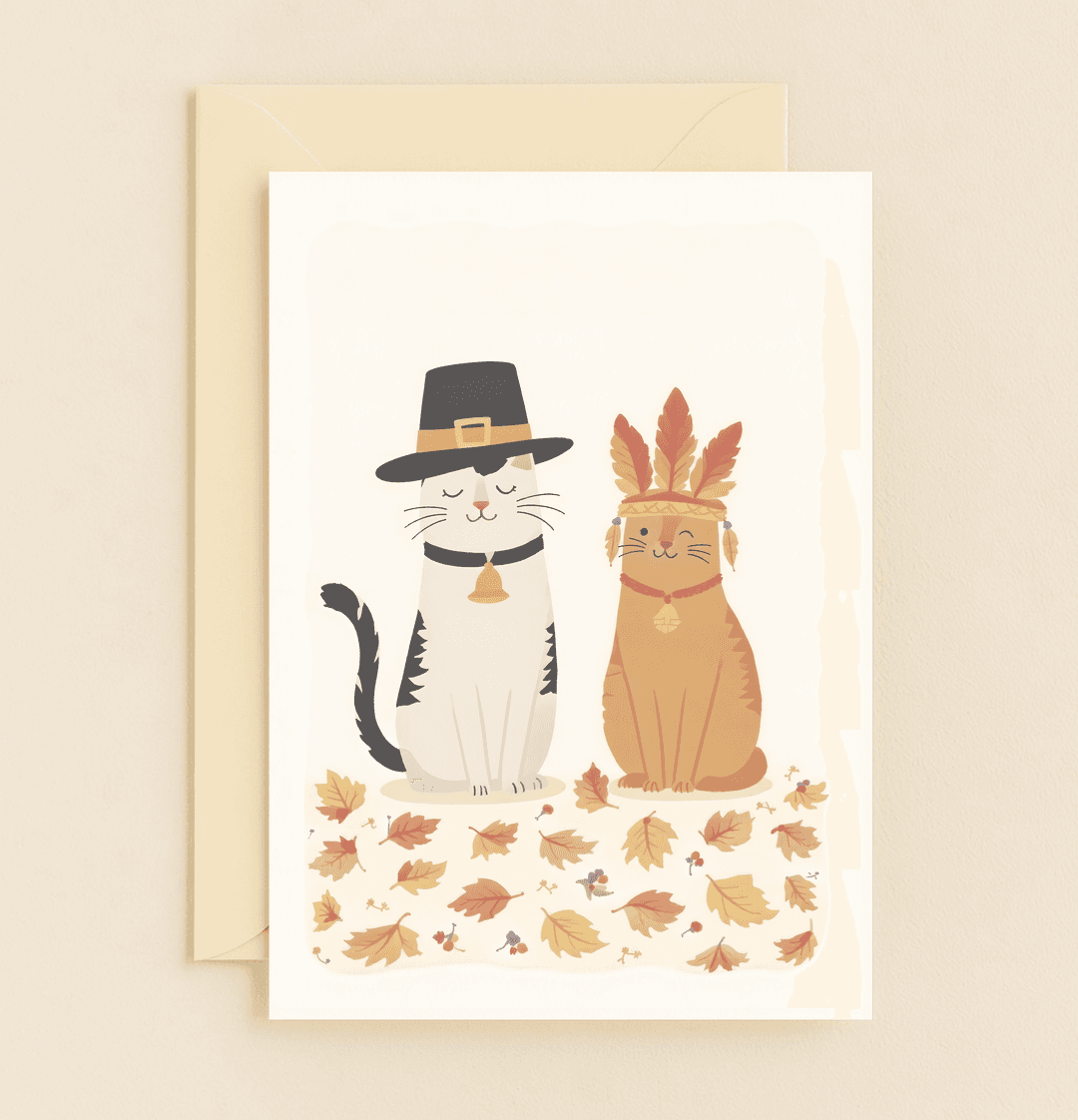 Celebrate gratitude with a purr-fectly playful Thanksgiving card featuring two charming cats in festive hats amidst autumn leaves and acorns.