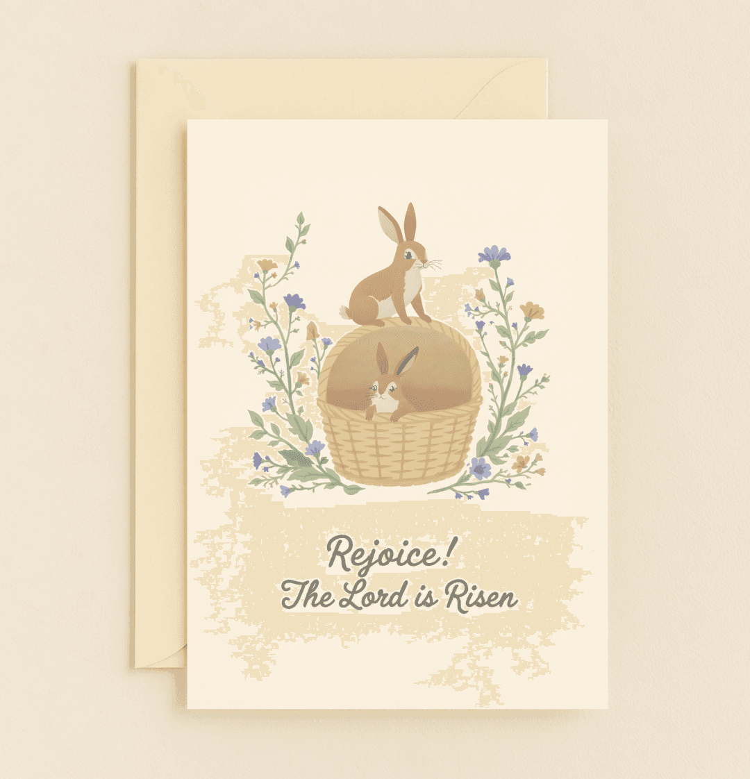 Celebrate Easter's hope with this charming card featuring two bunnies amidst wildflowers and a heartfelt religious message, perfect for the joyous occasion.