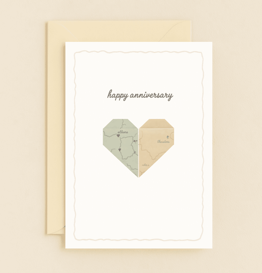 Celebrate your journey with this minimalist anniversary card featuring a heart-shaped map collage and personalized handwritten details.
