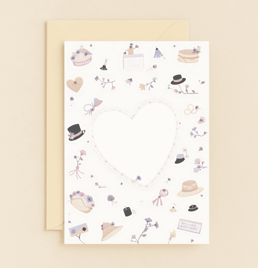 Celebrate your anniversary with Hearts & Hats: A Love Celebration, featuring a whimsical heart surrounded by elegant hats, flowers, and pastel touches.