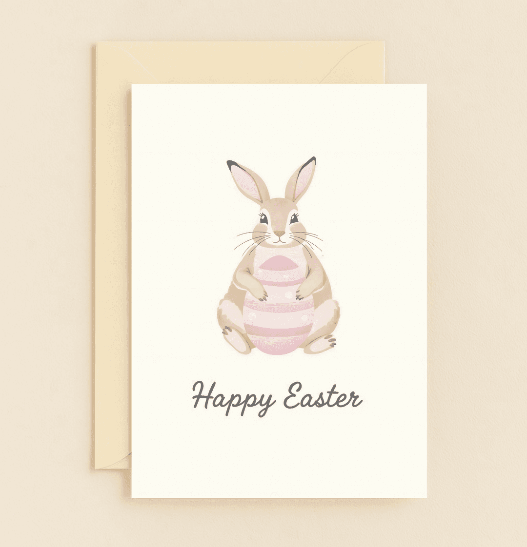 Celebrate Easter with a charming card featuring a cute bunny and a pink striped egg, perfect for sharing festive joy and blessings.