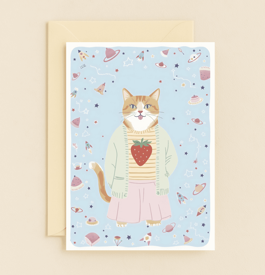 Celebrate a birthday with cosmic whimsy and sweet absurdity, featuring a pastel-clad cat amidst stars, rockets, and floating treats.