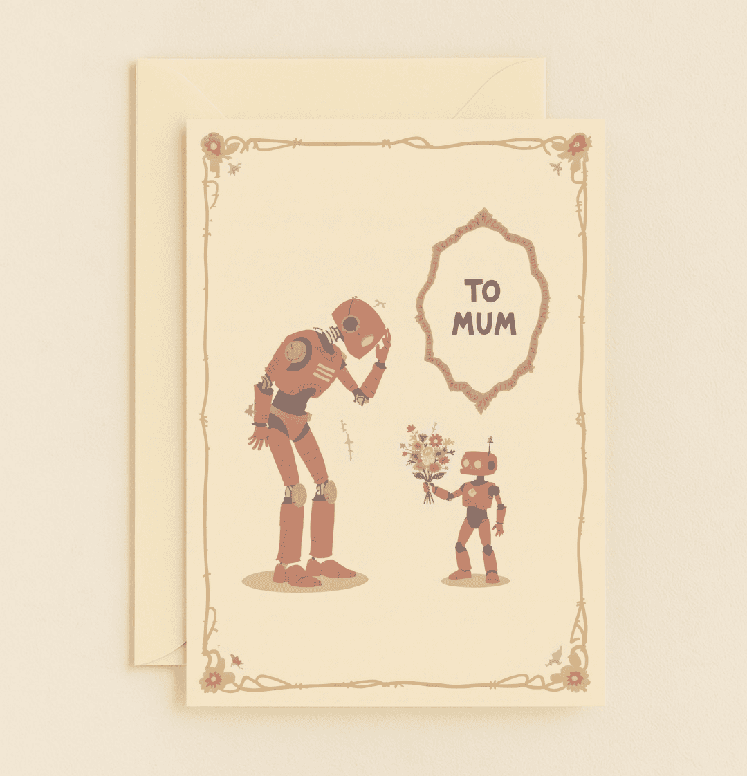 Celebrate Mother's Day with a charming card featuring robots sharing a bouquet, blending vintage charm with a heartfelt AI-themed gesture of love.