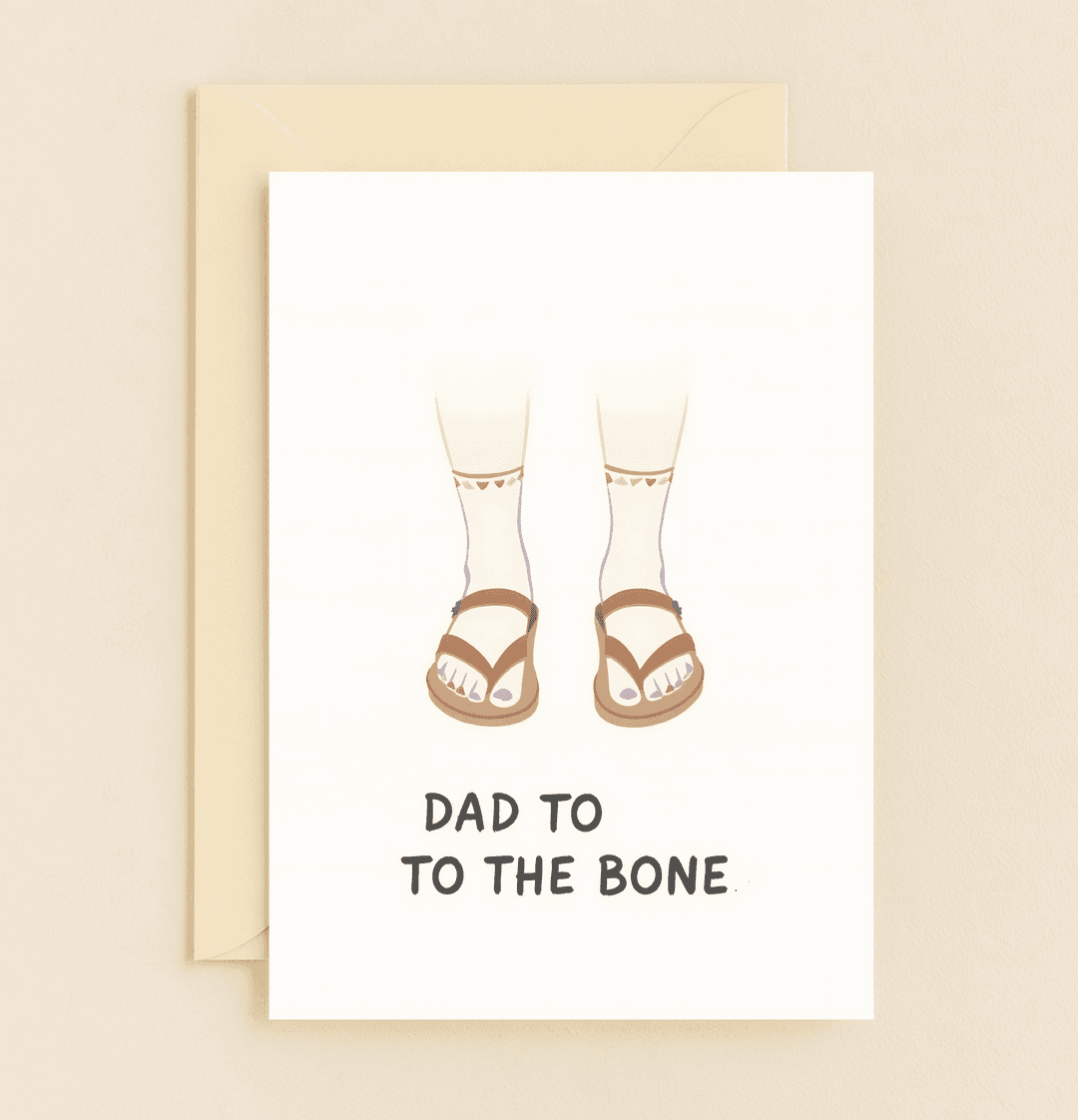 Celebrate Father's Day with a humorous card showcasing dad's iconic sock-and-sandal style, featuring heart-patterned socks and playful wordplay.