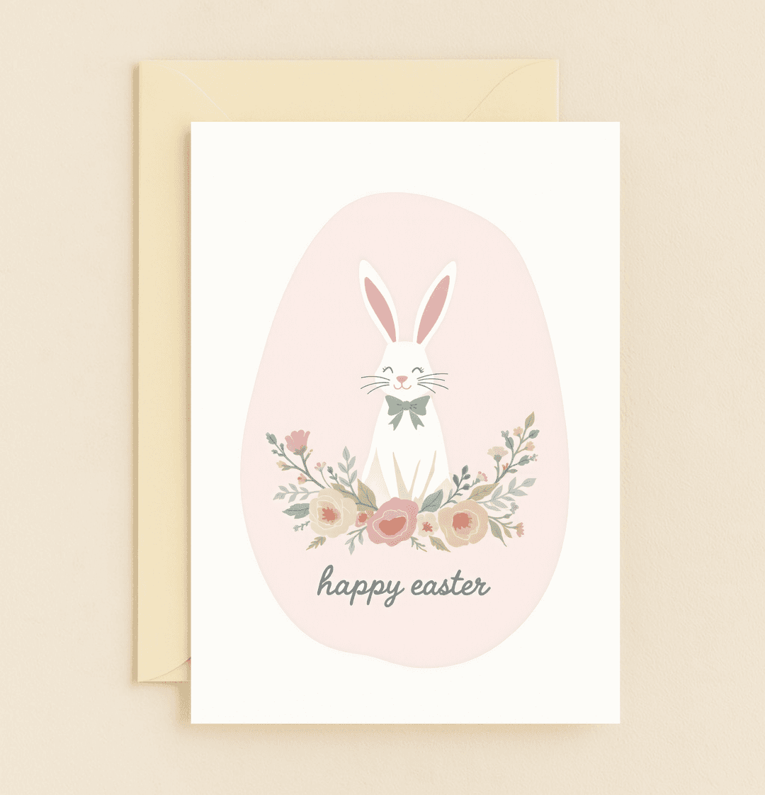 Celebrate Easter with a whimsical card featuring a charming bunny in a bow tie, surrounded by pastel blooms and a soft pink backdrop.